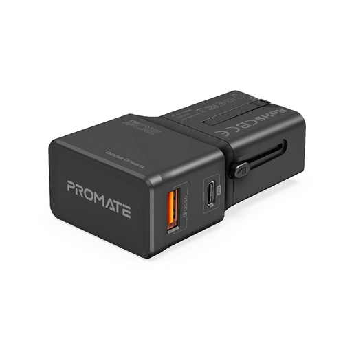 [PRO-CC-TriPlug-PD20] Promate Sleek Universal Travel Adapter with 20W Power Delivery & Quick Charge 3.0 (TriPlug-PD20)