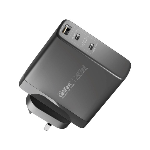 [PRO-CH-GANCHARGE-140W.UK-BK] Promate 140W USB-C GaN Charger with 140W Type-C PD 3.1 Port, 100W PD 3.0 USB-C Port and 30W QC 3.0 Port, GaNCharge-140W (GANCHARGE-140W.UK-BK)