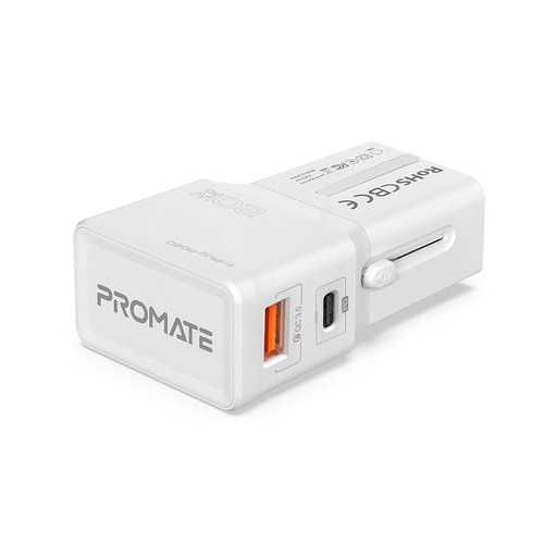 [PRO-CC-TriPlug-PD20.WHITE] Promate Sleek Universal Travel Adapter with 20W Power Delivery & Quick Charge 3.0 (TriPlug-PD20.WHITE)