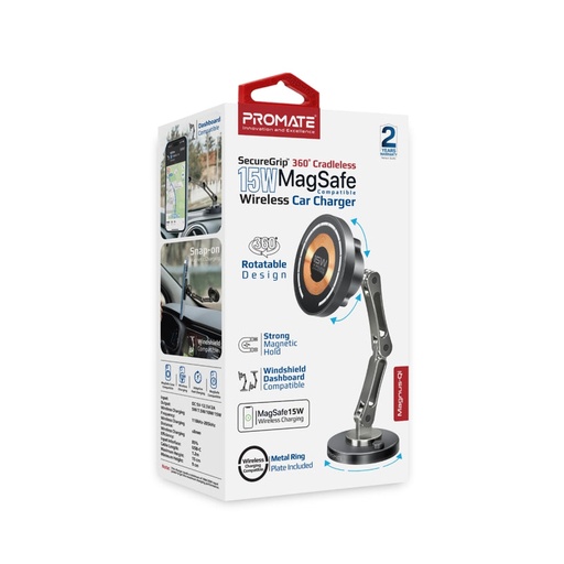 [PRO-CH-MAGNUS-QI] Promate MAGNUS-QI SecureGrip ™ 360° Cradleless 15W Magsafe Compatible Wireless Car Charger