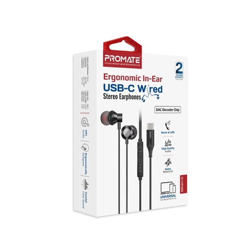 [PRO-EA-SILKEN-C.BLACK] Promate Ergonomic In-Ear USB-C Wired Stereo Earphones (SILKEN-C.BLACK)