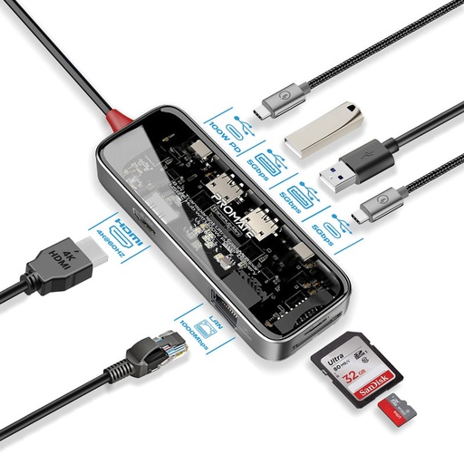 [PRO-HUB-TRANSHUB-MINI] Promate 8-in 1 Transparent Ultra-Fast Multiport USB-C Hub with 100W Power Delivery TRANSHUB-MINI